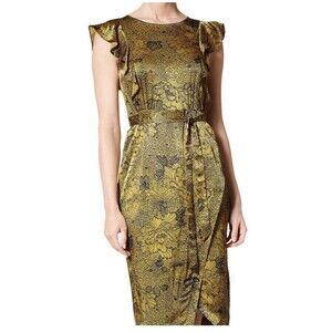 LK Bennett London Dr April Floral Navy Citrine  Midi Belted Dress Women's  Sz 10